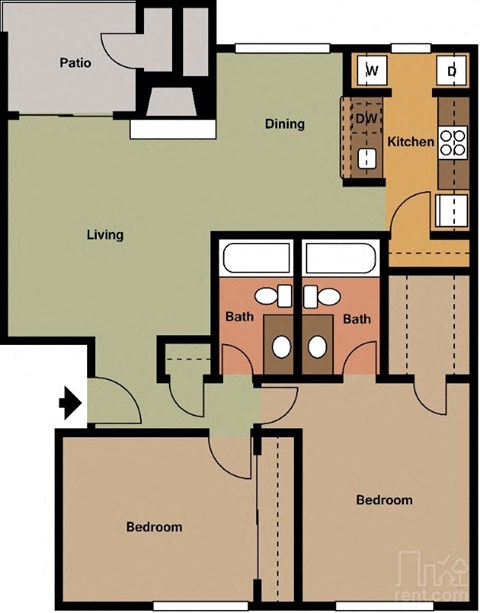 Floor plan for 2 beds, 2 baths, 1100 sqft